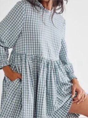 FREE PEOPLE Green Gingham Babydoll Mini Dress , women’s size XS